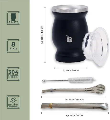Miniatura 2 de Juego de tazas de té de calabaza Yerba Mate, incluye 2 bombillas (pajitas) y cepillo de limpieza (A-MATE)