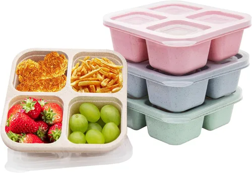 Paquete de 4 Cajas de Almuerzo Bento, Contenedores de Aperitivos de 4 Compartimentos, Caja de Aperitivos Bento Dividida, Contenedores de Preparación
