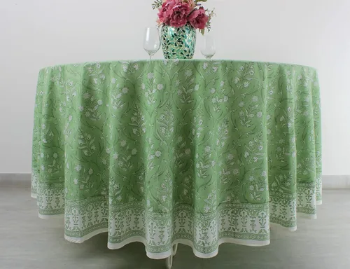 Ridhi Mantel redondo con estampado de bloque a mano, 100% algodón, reutilizable, color verde pera de 60 pulgadas, mantel decorativo para uso diario