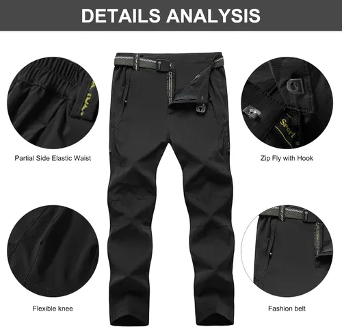 Miniatura 6 de Pantalones de senderismo para hombre con cinturón, secado rápido, ligeros, impermeables, con bolsillos con cremallera