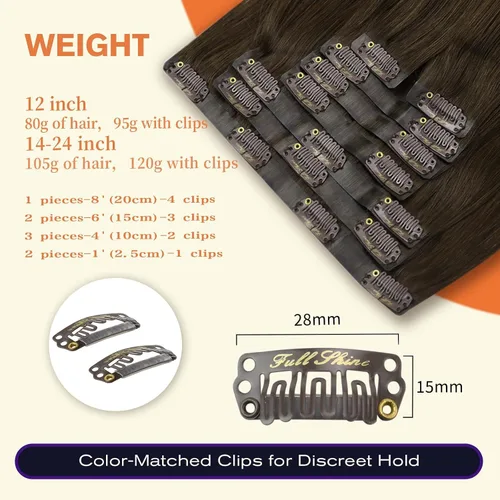 Miniatura 3 de Full Shine Extensiones de cabello humano con clip, sin costuras, color marrón oscuro, 18 pulgadas, con clip, invisible, trama de poliuretano