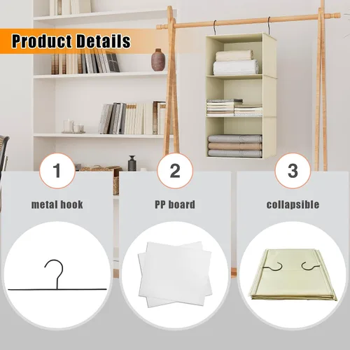 Miniatura 6 de Organizador colgante para armario y almacenamiento con 3 estantes, estantes colgantes plegables de montaje fácil para guardar ropa, bolsos, zapatos