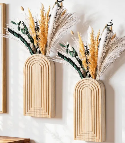 Miniatura 14 de DREAMLOOM Paquete de 2 jarrones de pared de madera con plantas artificiales de eucalipto, macetas para colgar en la pared, estilo bohemio y moderno