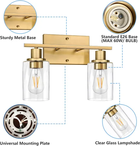 Miniatura 8 de ShineTech 2 luces de tocador doradas para baño, iluminación de pared moderna con vidrio transparente, luz de aplique de latón cepillado para espejo