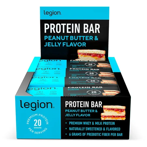 Barra de Proteína Legion Sabor Mantequilla de Maní y Mermelada - 100% Proteína de Suero, Barras de Proteína Sin Soja con Fibra Prebiótica - Barra de