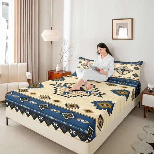 Miniatura 7 de Homewish Western Fitted Sheets Twin Size (No Flat),Retro Country Tribal Bedding Set 2Pcs,Kids Girls Boys Room Decor,Southwest Aztec Stripes Bed