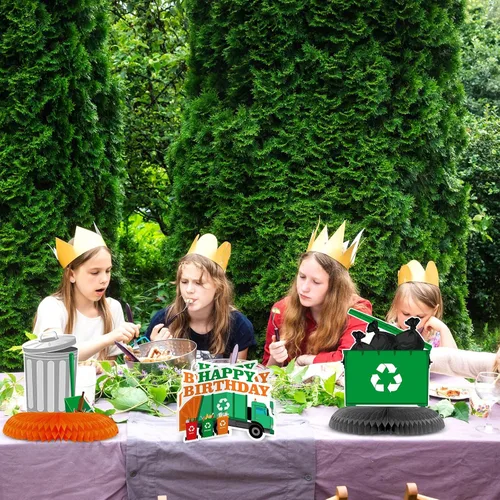 Miniatura 6 de Tinlade 9 piezas de camión de basura, decoraciones de cumpleaños, camiones de basura, centros de mesa de panal para mesas con soportes de cartón, 3D