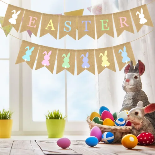 Miniatura 6 de Doumeny Guirnalda colorida de arpillera de Pascua, 2 unidades, diseño de conejo, pancarta de fiesta de Pascua para chimenea, suministros de fiesta