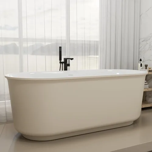 Miniatura 13 de Bañera independiente de resina de superficie sólida de 59 pulgadas, forma ovalada, moderna bañera de resina de piedra profunda con desbordamiento