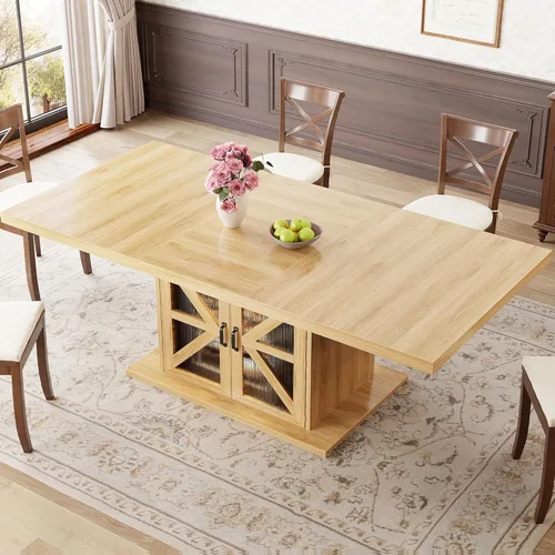 Miniatura 5 de LVB Mesa de comedor para 4-6, moderna mesa de comedor de madera, mesa de cocina rectangular de granja con espacio de almacenamiento y refrigerador