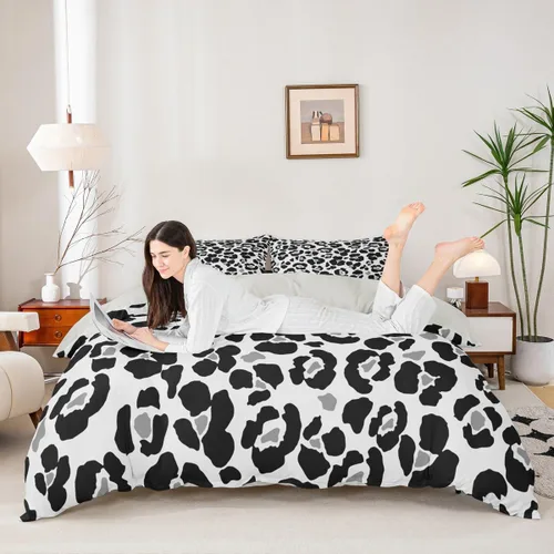 Miniatura 25 de Juego de funda de edredón con estampado de leopardo abstracto, tamaño individual, juegos de ropa de cama de piel de guepardo negro y gris