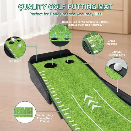 Miniatura 3 de Losbenco Putting Green - Juego de golf para interiores con putter y 6 bolas, tapete de práctica de golf portátil con sistema de retorno automático