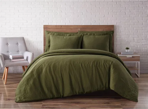 Brooklyn Loom Juego de edredón de lino verde oliva, 3 piezas, tamaño matrimonial/queen, con temática de color liso, para hombres y mujeres,