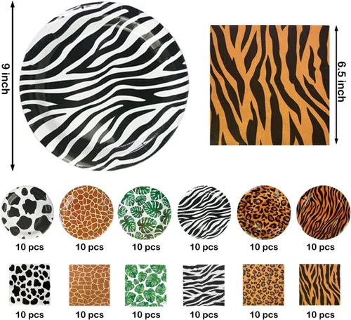 Miniatura 2 de 120 platos y servilletas de safari para fiestas, decoraciones desechables para fiestas de selva, platos de papel con estampado de animales de safari