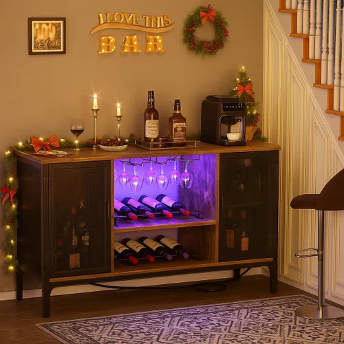 Miniatura 2 de Homieasy Armario de bar de vinos con tomas de corriente y luces LED, gabinete de barra de café industrial con estante para vino para bar en casa