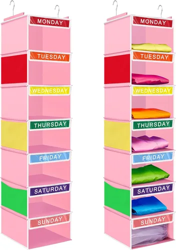 Miniatura 11 de Amylove Organizador semanal de ropa para niños, 2 piezas, con 7 estantes, organizador colgante de armario de 11.8 x 11.8 x 50 pulgadas, actividades