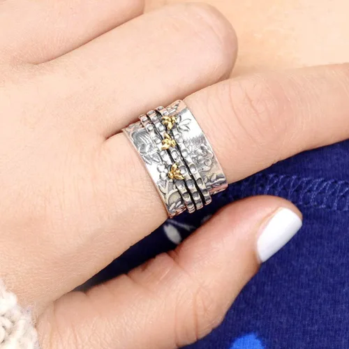 Miniatura 3 de Boho-Magic Anillo giratorio de abeja para mujer, plata de ley 925 y latón con flores