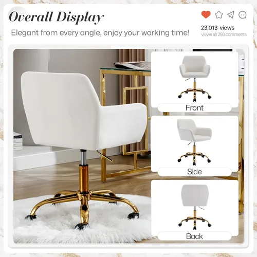 Miniatura 8 de Silla de escritorio de pelo sintético giratoria 360°, silla de oficina ajustable en altura con base dorada para adolescentes, mujeres y niñas, silla