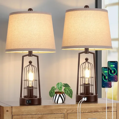 Miniatura 8 de Lámparas de mesa de granja con 2 puertos USB, juego de 2 lámparas de escritorio industriales rústicas para sala de estar, lámpara de noche negra