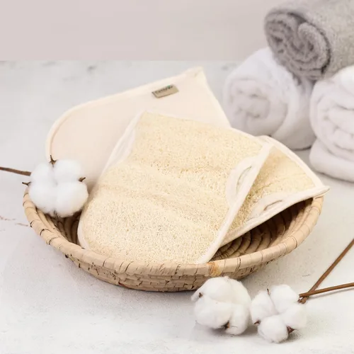 Miniatura 4 de Guantes exfoliantes de lufa prémium – Esponja de Loufa egipcia natural para piel suave y radiante – Exfoliación suave y limpieza profunda