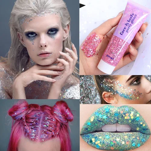 Miniatura 6 de Brillantina gruesa y fina mezclada con gel para cantantes, conciertos, rave, fiesta, maquillaje, secado rápido y de larga duración, lentejuelas