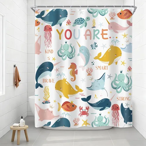Riyidecor Ocean - Cortina de ducha para niños, 60 pulgadas de ancho x 72 pulgadas de alto, diseño de ballena, dibujos animados, animales, delfín,