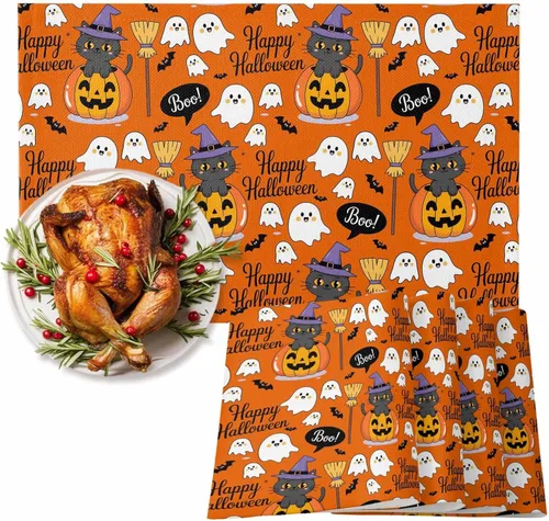 Miniatura 127 de Juego de 4 manteles individuales Boho de otoño, calabazas de acuarela para Acción de Gracias, resistentes al calor, lavables, para mesa, manteles