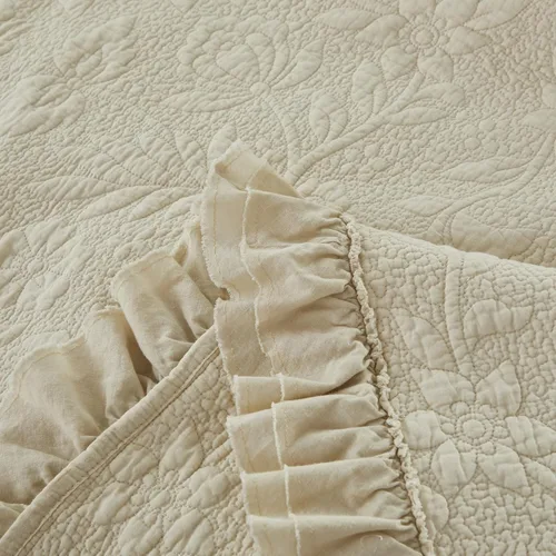 Miniatura 4 de Brandream Juego de Edredón Tamaño Queen de Algodón Beige con Estampado Floral y Enredaderas Matelassé Juego de Colcha con Volantes 3 Piezas