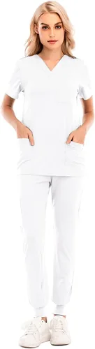 Conjunto de ropa quirúrgica para mujer, elástico, de dos piezas, manga corta, con bolsillo, color sólido, uniforme de enfermería, Blanco, Pequeña