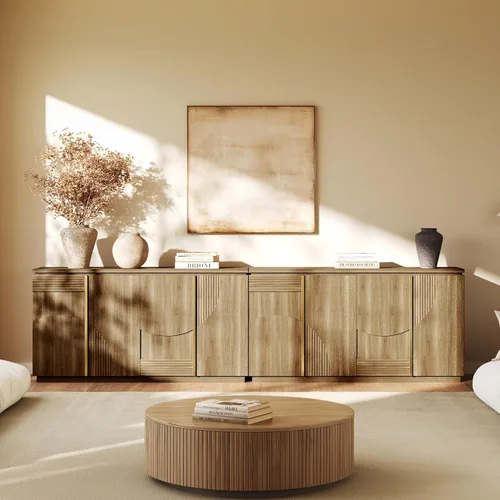Miniatura 13 de BELLEZE - Gabinete de aparador de 31 pulgadas de estilo moderno de mediados de siglo, gabinete de buffet con arco de madera y almacenamiento, mesa