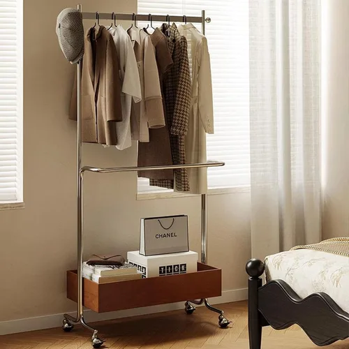 Miniatura 8 de Perchero de metal con ruedas, con estante de almacenamiento de madera, estantes de ropa rodantes para colgar ropa, perchero para dormitorio, Negro