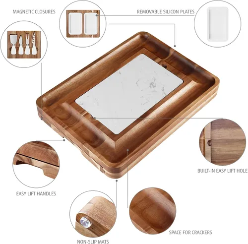 Miniatura 4 de hecef Juego de tablas de queso de madera de acacia, tabla grande para charcutería con juego de cuchillos de acero inoxidable, servidor de madera