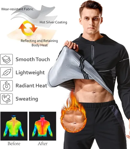 Miniatura 2 de LAZAWG Traje de sauna para hombre, manga larga, sudadera con cremallera, chaqueta de sauna para gimnasio, entrenamiento, ejercicio Negro