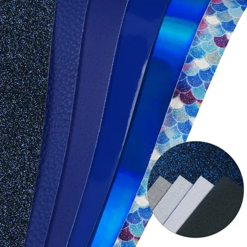 Miniatura 5 de Juego de 6 hojas de piel sintética de 8 x 12 pulgadas (7.9x11.8 in), serie azul real, purpurina fina, patente litchi azul real