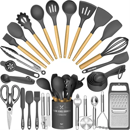 Umite Chef Juego de Utensilios de Cocina de Silicona, 34 Piezas Gadgets y Herramientas de Cocina Resistentes al Calor con Rallador, Mangos de Madera