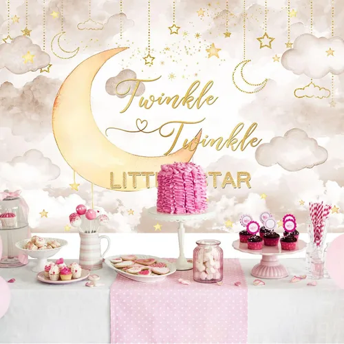 Miniatura 2 de Mocsicka Twinkle Twinkle Little Star - Telón de fondo para baby shower, nube rosa, luna, decoración de baby shower, fondo de revelación de género