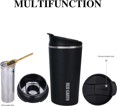Miniatura 5 de GiNT Taza de viaje de 17 onzas con infusor y dos tapas. Taza de café de acero inoxidable 316 aislada al vacío. Taza apta para lavavajillas