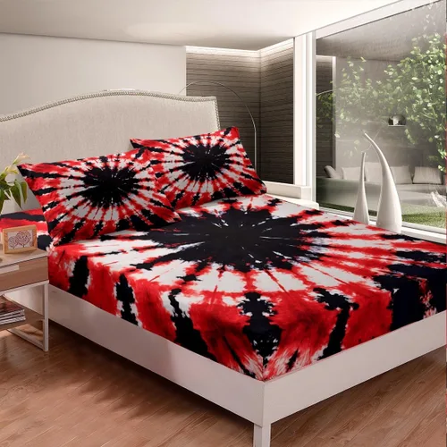 Miniatura 2 de Feelyou Juego de sábanas de teñido anudado tamaño Queen para niños y niñas, juego de sábanas bohemias trippy negro rojo hippie teñido anudado juego