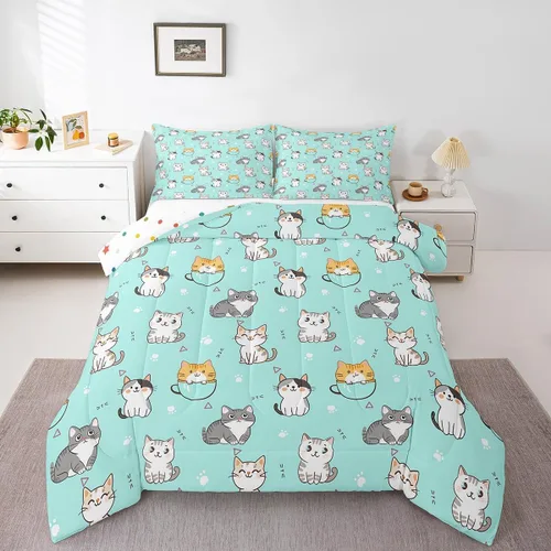 Miniatura 13 de Erosebridal Juego de edredón de tamaño matrimonial con diseño de gatos y gatos, lindo juego de ropa de cama Kawaii para niñas y niños