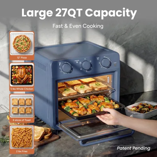 Miniatura 10 de SMIRLY Combo de horno tostador 6 en 1, encimera de horno de convección de 27 cuartos de galón, horno de 1800 W para tostar, asar, hornear, Azul