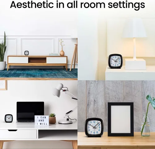 Miniatura 9 de Miykon Reloj despertador analógico cuadrado pequeño – Silencioso sin tictac, funciona con pilas con luz LED y repetición – Escritorio, mesa, viaje