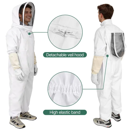 Miniatura 3 de Traje de abeja, traje de apicultura profesional de cuerpo completo con capucha de velo para hombres y mujeres, apicultor y principiantes con guantes