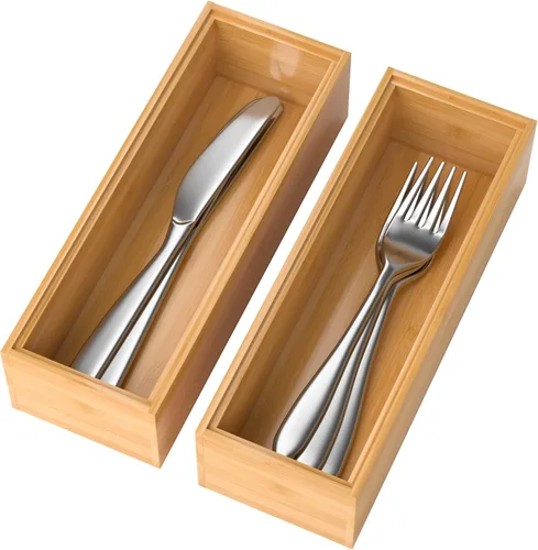 Miniatura 10 de Lixple Organizador de Cajón de Bambú, Pequeño Organizador de Cubiertos para Cajón de Cocina, Organizador de Utensilios Apilable, 2 Piezas