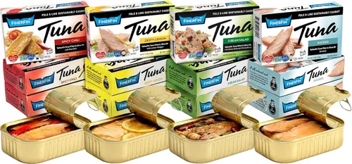 Ensalada de atún de aleta amarilla FinerFin en aceite de oliva orgánico, paquete de variedad de catadores | Atún enlatado premium con EVOO | Filetes