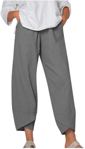 Miniatura 10 de Pantalones Capri de Lino de Algodón para Mujer 2025, Pantalones Palazzo Recortados Casuales con Estampado, Cintura Elástica, Pantalones Holgados