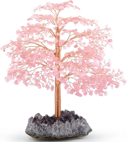 Árbol de la vida con piedras preciosas de cuarzo rosa, base de racimo de amatista, cristal rosa curativo que equilibra la energía positiva, bonsái