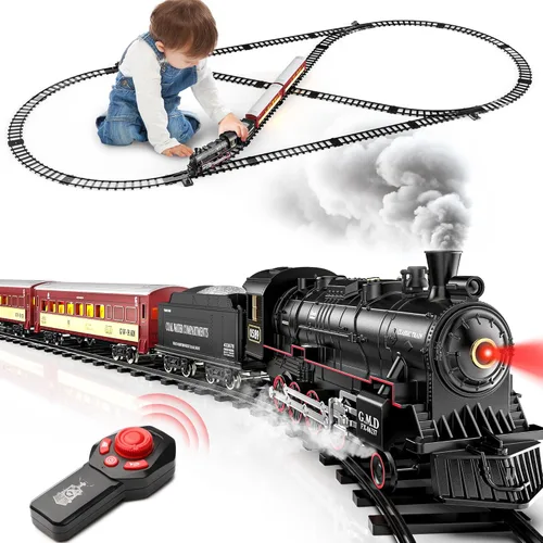 Hot Bee Juego de tren para niños, juegos de tren de aleación a control remoto con locomotora de vapor, autos y pistas iluminados, juego de trenes