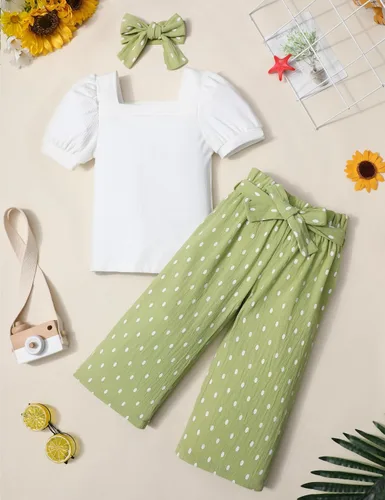 Miniatura 52 de DONWEN Conjunto de 3 piezas de ropa para niñas pequeñas y niñas con cuello cuadrado + pantalones elegantes + diadema para primavera y verano