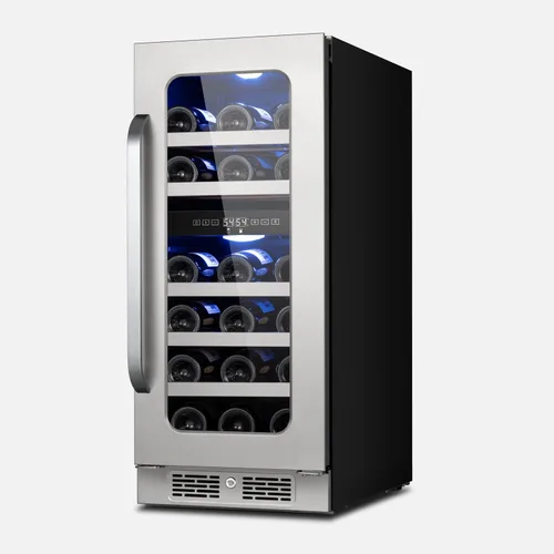 Refrigerador de vino de 15 pulgadas, 29 botellas, refrigerador de vino de doble zona debajo del mostrador con puerta de vidrio, 3 LED integrados o