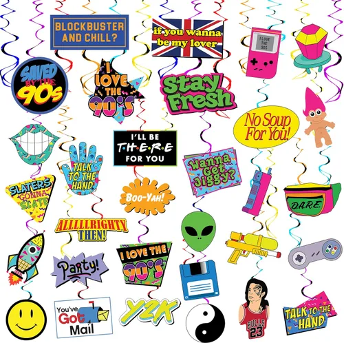 Remolinos colgantes de los años 90, 32 piezas, decoraciones de fiesta de regreso a los 90, suministros y recuerdos